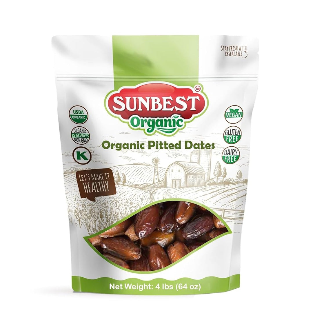 Sunbest Natural Deglet Noor Organic Dates, 4 lbs – Pitted & Whole – Bulk Dried Fruit Snack For Kids & Adults – Naturally Sweet For Baking & Cooking – Chewy, Fiber Rich, Kosher & No Sugar Added (64 oz)
