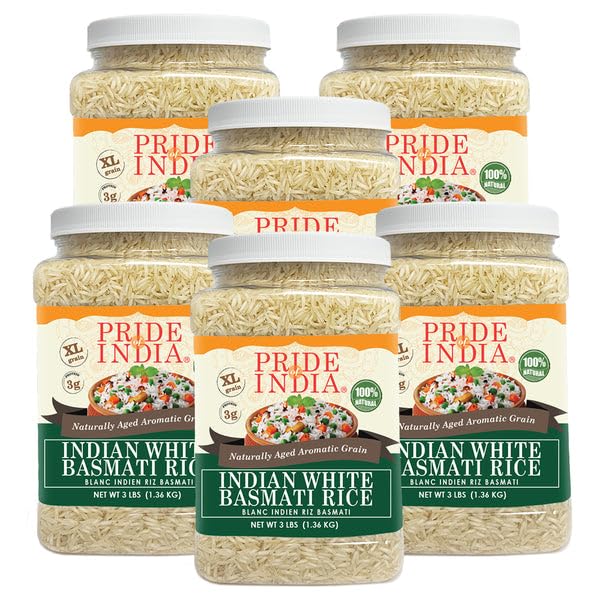 Pride Of India - Extra Long Indian Basmati Rice, Naturally Aged Aromatic Grain, 3 lbs Jar