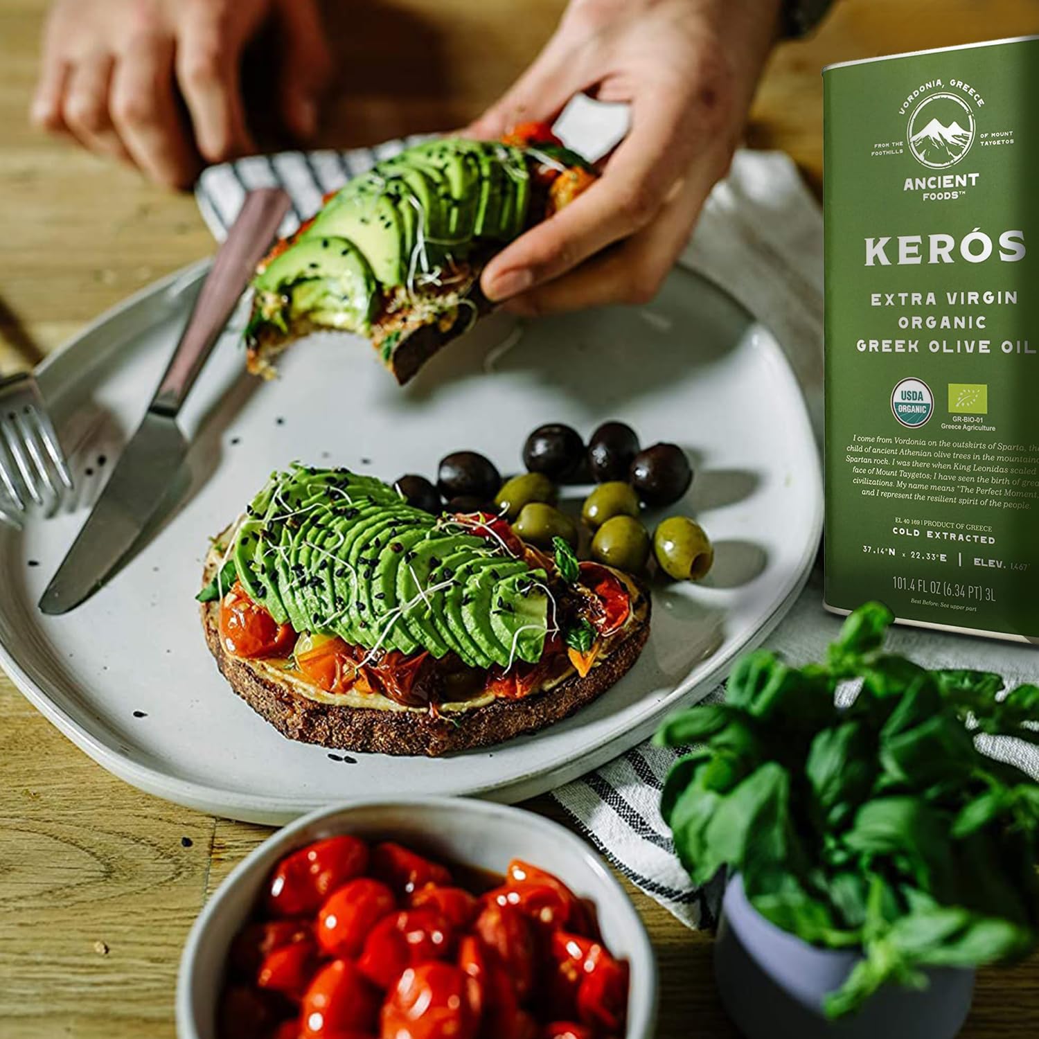 Ancient Foods Keros Organic Extra Virgin Olive Oil Cold Pressed β Greek EVOO, High Polyphenol Olive Oil from 1000 Year Old Trees from Greece β Ideal for Cooking, Salads & Gourmet Dishes β 101oz (3L)