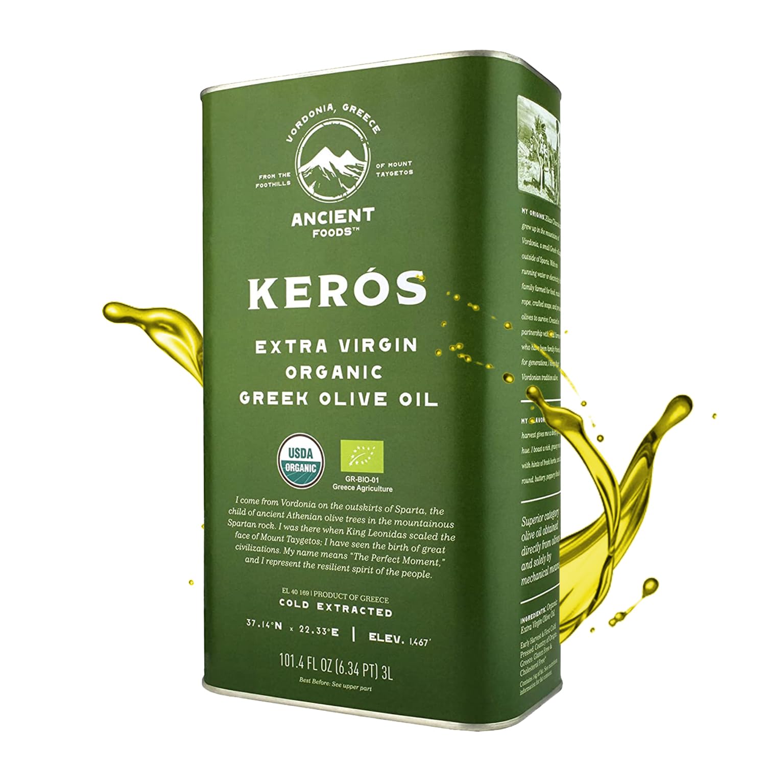 Ancient Foods Keros Organic Extra Virgin Olive Oil Cold Pressed β Greek EVOO, High Polyphenol Olive Oil from 1000 Year Old Trees from Greece β Ideal for Cooking, Salads & Gourmet Dishes β 101oz (3L)
