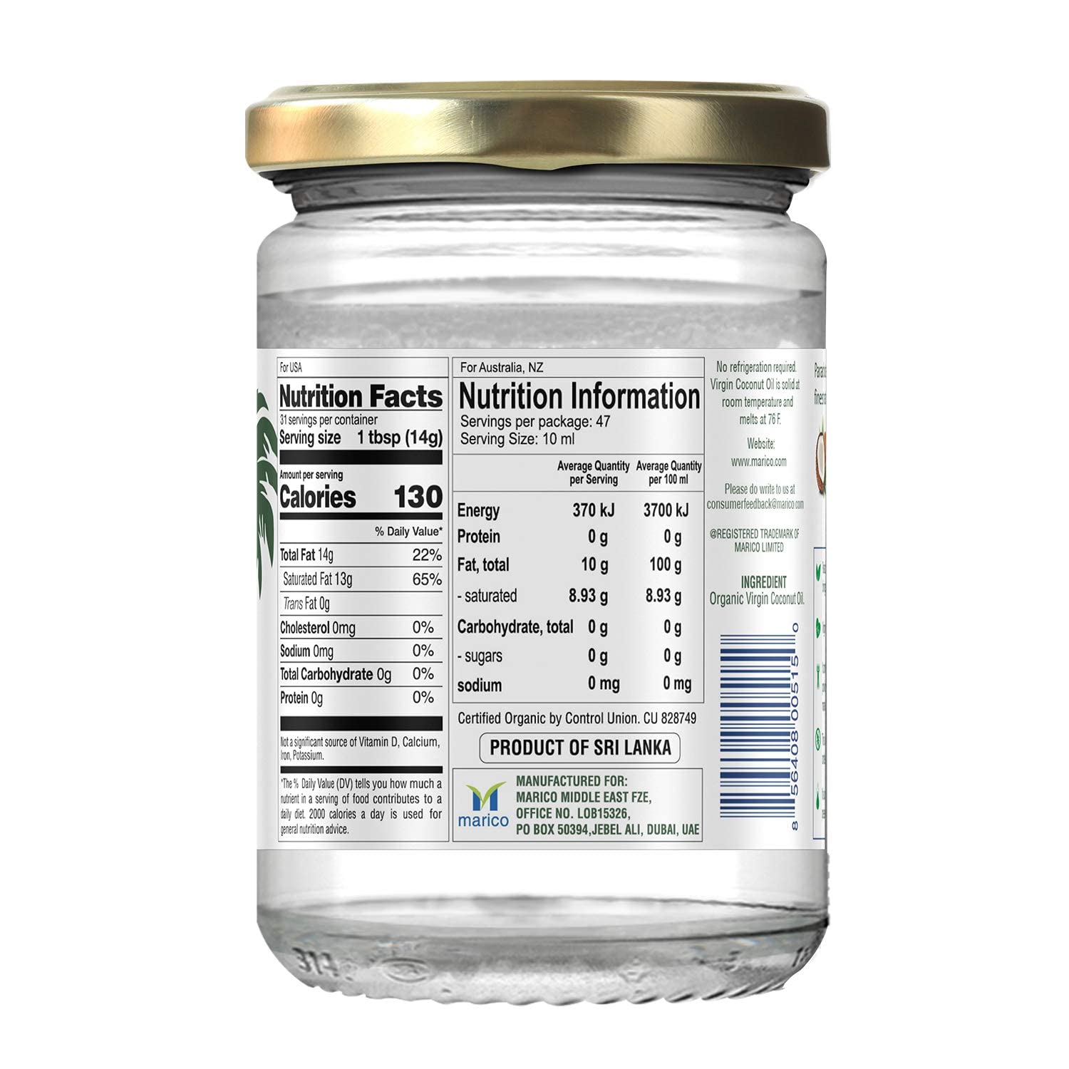 Parachute Naturalz Organic Virgin Coconut Oil | For Cooking, Hair, Body & Oil Pulling | Cold Pressed | Unbleached | Unrefined | Non-Hydrogenated | MCT Oil | USDA Certified |16 Fl.Oz | Glass Jar