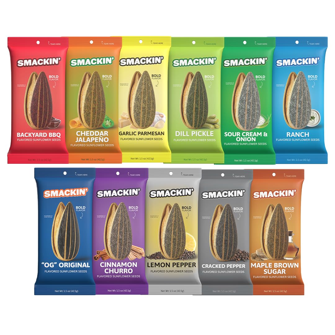 SMACKIN' Sunflower Seeds, Roasted Jumbo Small-Batch, American Made - Variety, 1.5oz bags (11 pack)