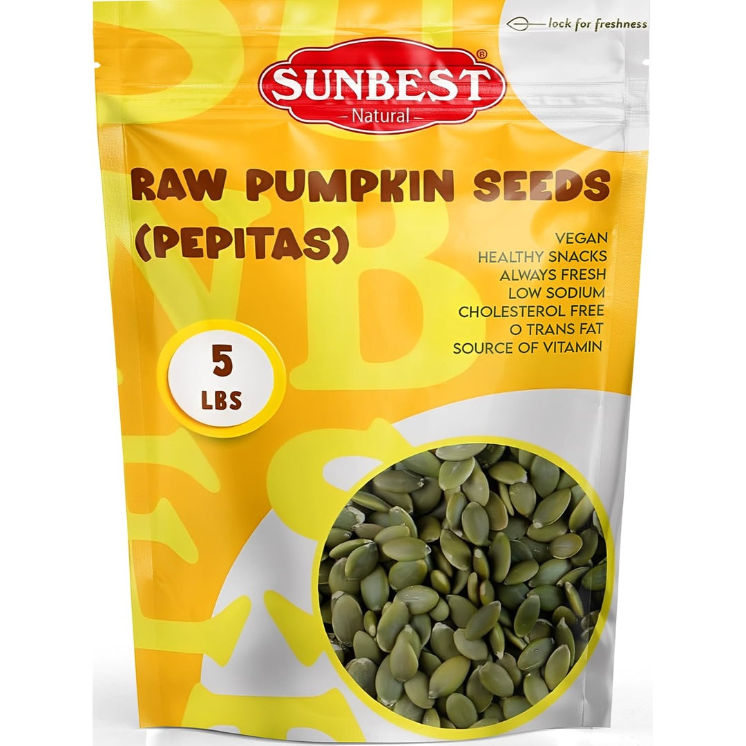 Sunbest Natural Raw Pumpkin Seeds, 5 lbs – Unsalted & Shelled – Bulk Bag, Whole Pepitas, Pumpkin Seeds to Eat – For Snacking, Baking & Topping – Rich in Essential Fatty Acids, Iron & Protein (80 oz)