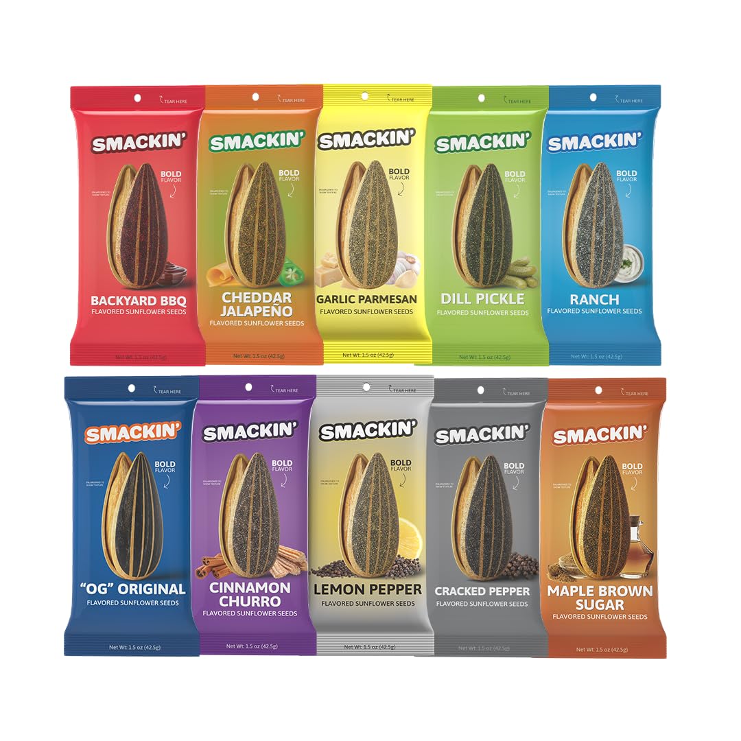 SMACKIN' Sunflower Seeds, Roasted Jumbo Small-Batch, American Made - Variety, 1.5oz bags (11 pack)