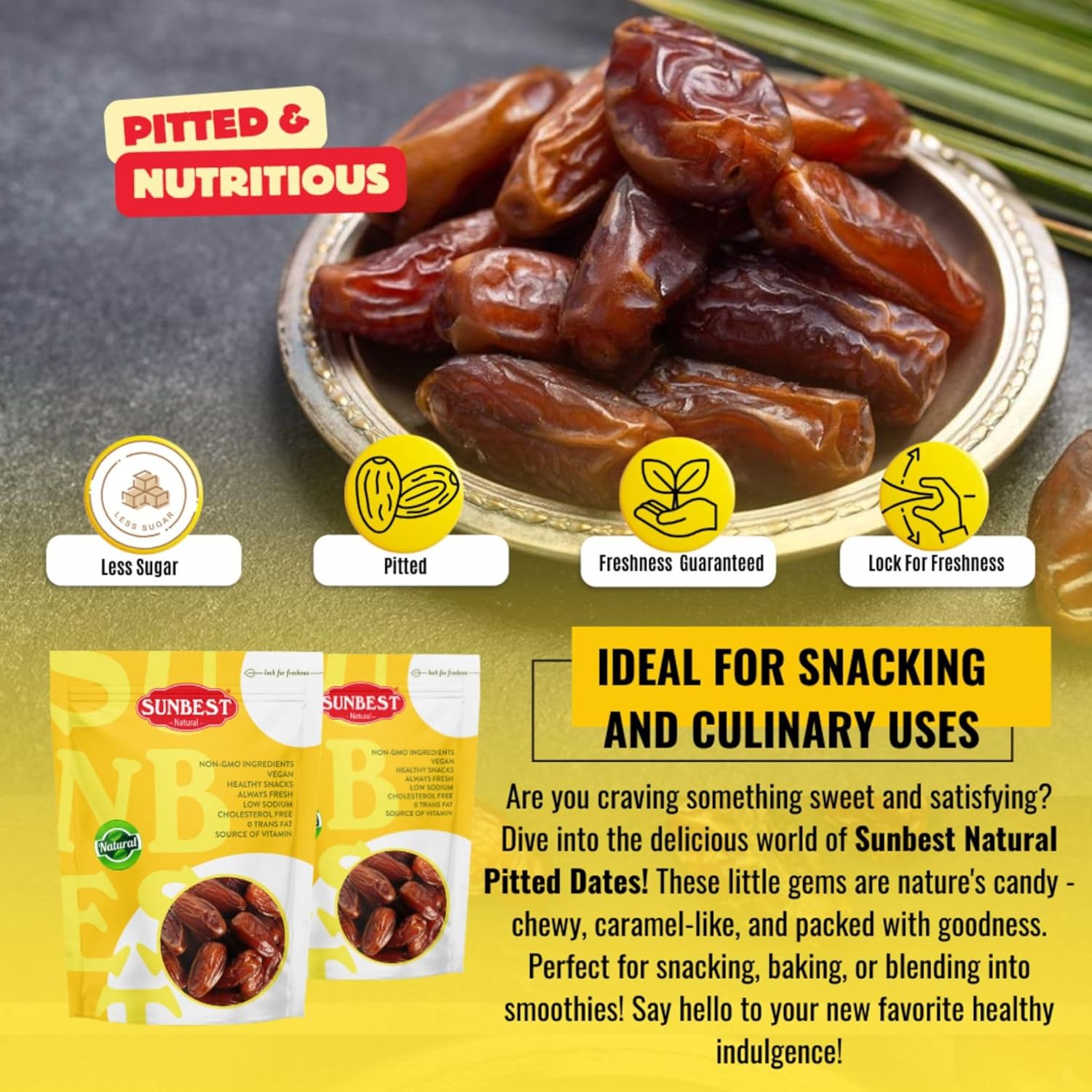 Sunbest Natural Deglet Noor Dates, 5 lbs – Pitted & Whole – Bulk Dried Fruit Snack For Kids & Adults – Naturally Sweet For Baking & Cooking – Sun-Dried, Fiber Rich, Kosher & No Sugar Added (80 oz)