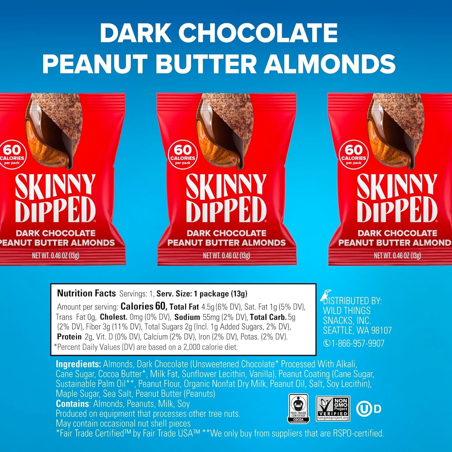 SkinnyDipped Snack Attack Minis Almond Variety Pack, Healthy Snack, Plant Protein, Gluten Free, 0.46 oz Mini Bags, Pack of 25
