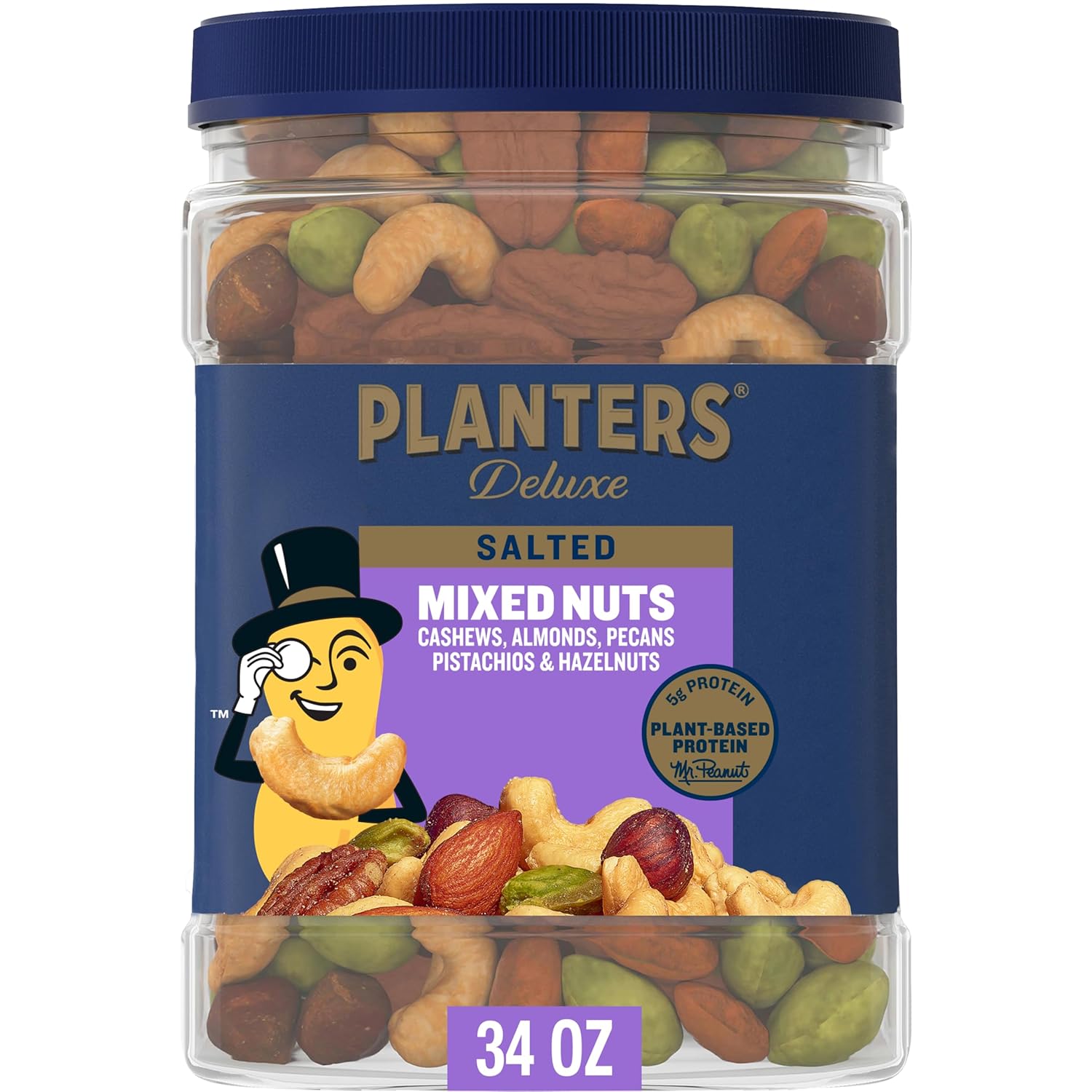 PLANTERS Deluxe Mixed Nuts with Sea Salt, 27 oz Resealable Container - Variety Mixed Nuts Snacks with Cashews, Almonds, Pecans, Pistachios & Hazelnuts - Energy Boost - Kosher
