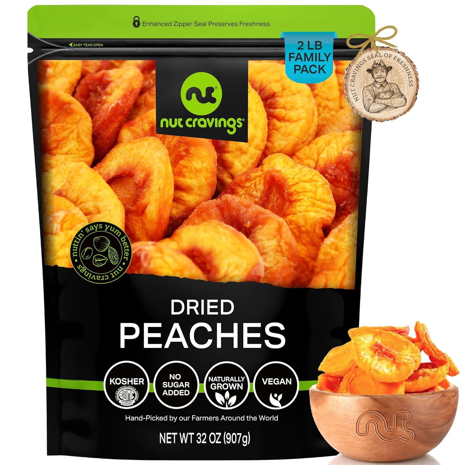 NUT CRAVINGS - Dried California Peaches, No Sugar Added, Unsweetened (16oz, 1 LB) Sweet Healthy Snack, Vegan, Kosher, Resealable Bag