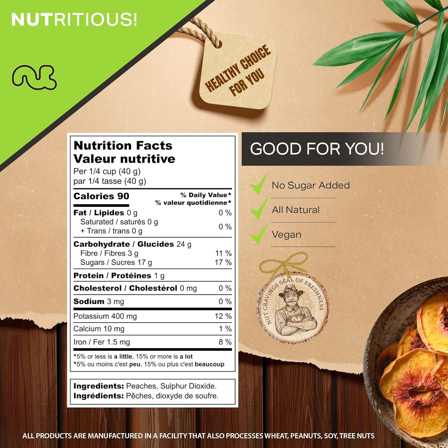 NUT CRAVINGS - Dried California Peaches, No Sugar Added, Unsweetened (16oz, 1 LB) Sweet Healthy Snack, Vegan, Kosher, Resealable Bag