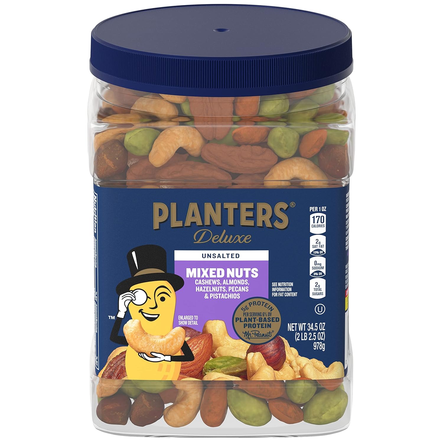 PLANTERS Deluxe Mixed Nuts with Sea Salt, 27 oz Resealable Container - Variety Mixed Nuts Snacks with Cashews, Almonds, Pecans, Pistachios & Hazelnuts - Energy Boost - Kosher