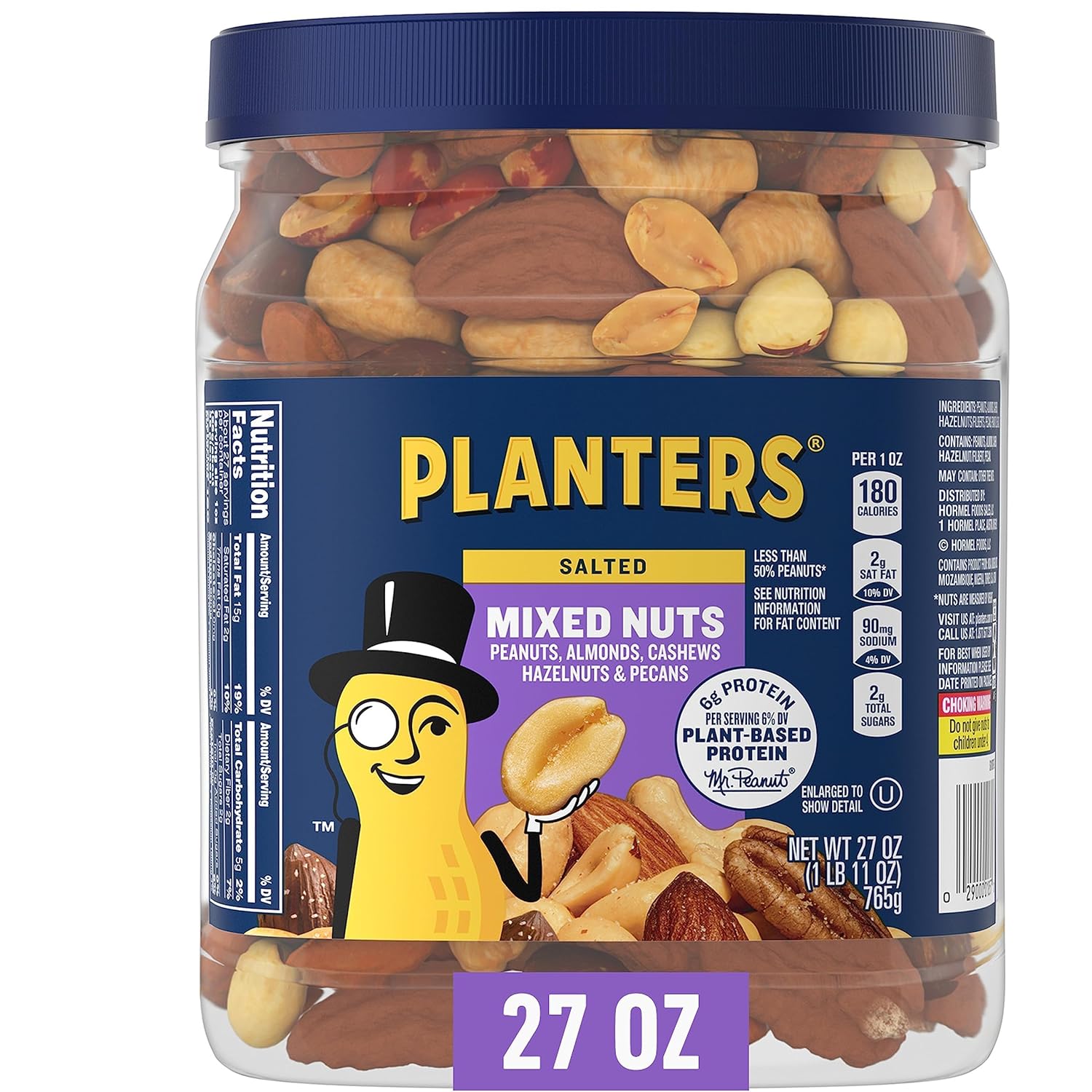 PLANTERS Deluxe Mixed Nuts with Sea Salt, 27 oz Resealable Container - Variety Mixed Nuts Snacks with Cashews, Almonds, Pecans, Pistachios & Hazelnuts - Energy Boost - Kosher