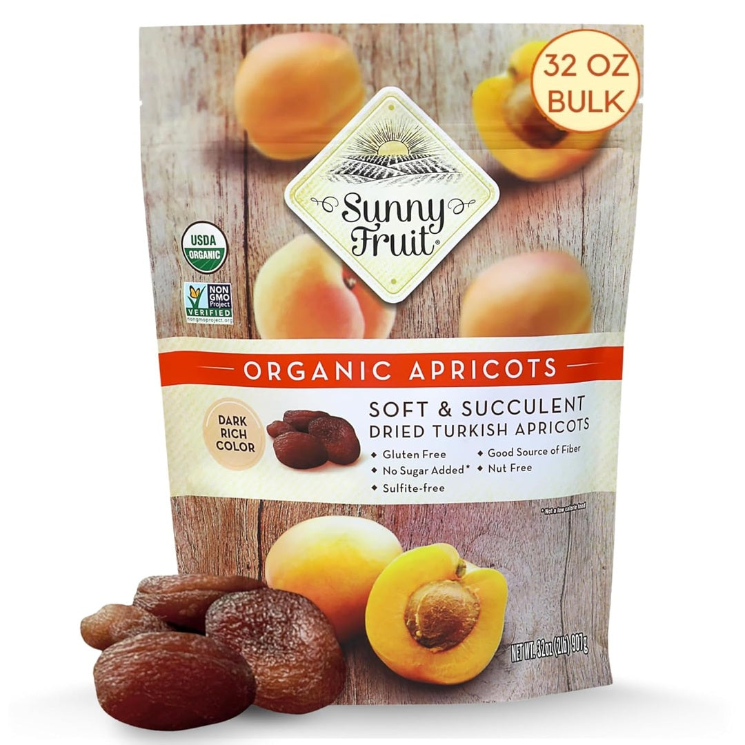 Sunny Fruit Soft Organic Turkish Dried Apricots, 2 Pound Bulk Bag | No Preservatives, No Sugar Added, No Sulfides | Healthy, Naturally Sweet Snack | ORGANIC, NON-GMO, VEGAN, HALAL, KOSHER