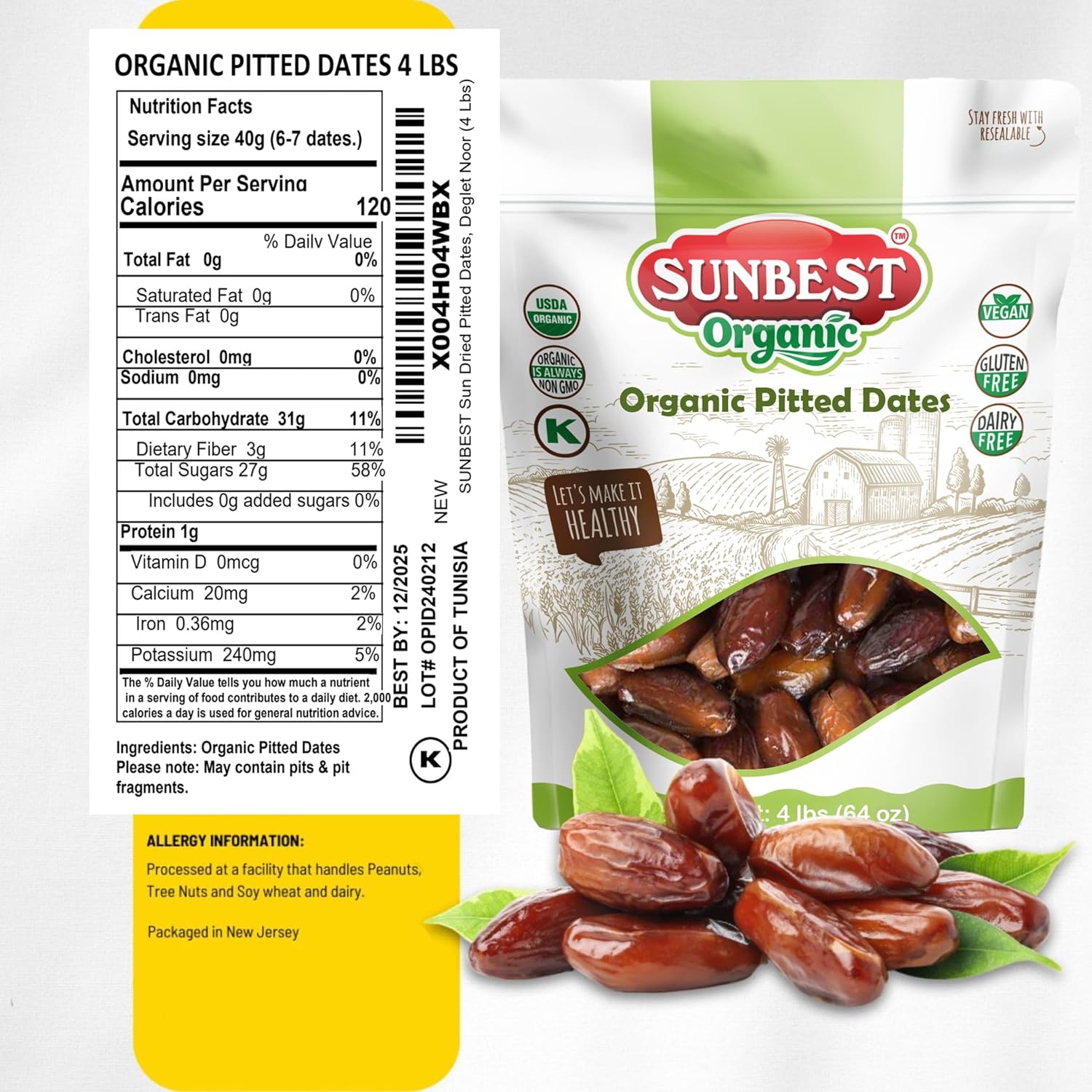 Sunbest Natural Deglet Noor Organic Dates, 4 lbs – Pitted & Whole – Bulk Dried Fruit Snack For Kids & Adults – Naturally Sweet For Baking & Cooking – Chewy, Fiber Rich, Kosher & No Sugar Added (64 oz)