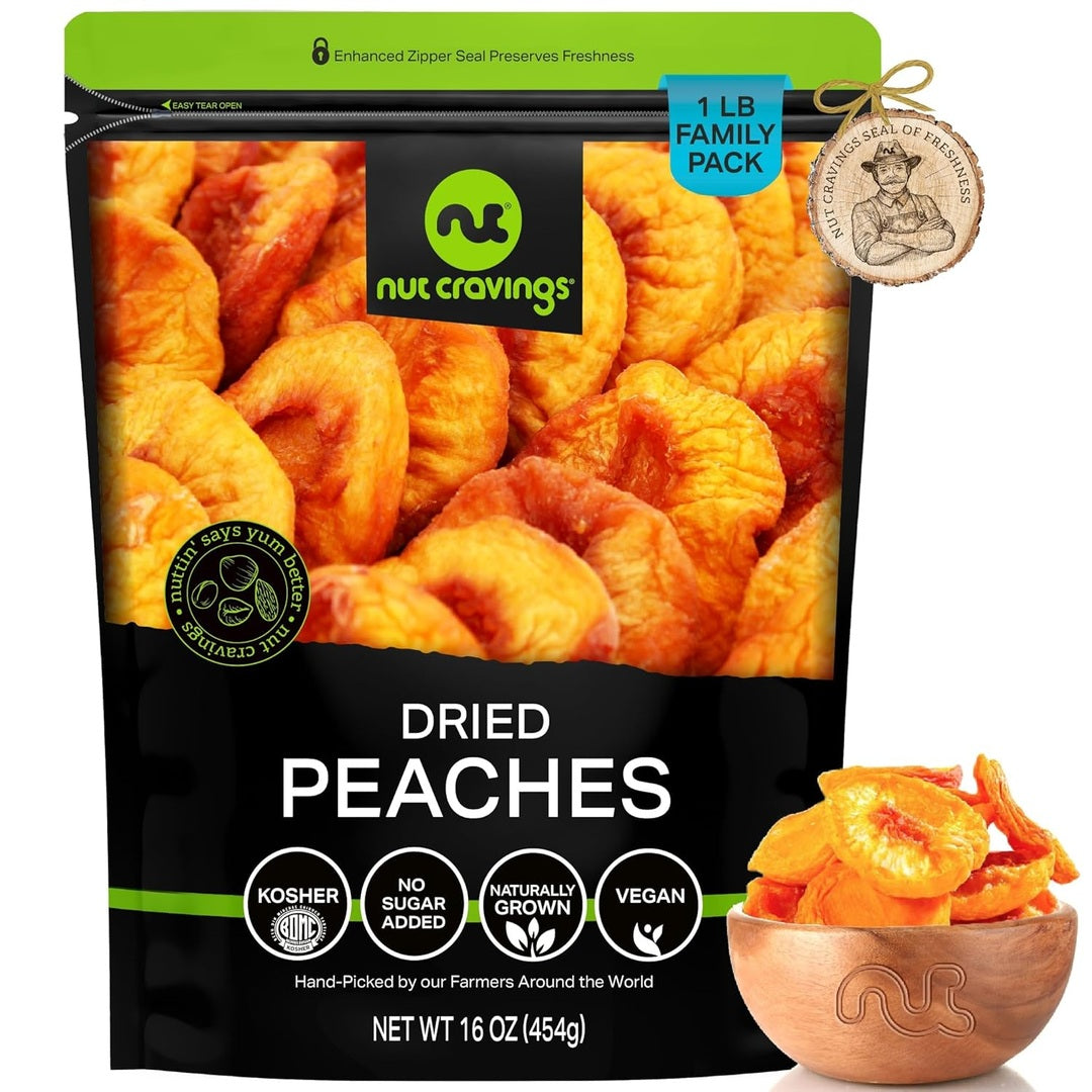 NUT CRAVINGS - Dried California Peaches, No Sugar Added, Unsweetened (16oz, 1 LB) Sweet Healthy Snack, Vegan, Kosher, Resealable Bag