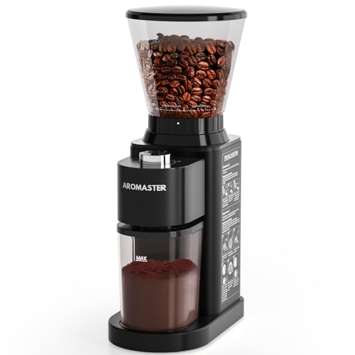 Aromaster Coffee Bean Grinder with 48 Gind Settings, Conical Burr Coffee Grinder for Home Use,Stainless Steel,40 Seconds Adjustable Timer,Anti-static,Easy to Clean with Brush,Black