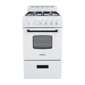 Avanti Gas Range Oven, Compact Freestanding Design, 4 Sealed Burners with Electronic Ignition, 2.1 Cu.Ft. Capacity Features Framed Glass Door Storage Drawer Broiler and Accessories, 20-Inch, White