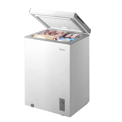 Midea MERC04C4BAWW Chest Freezer, 3.5 Cubic Feet Freezer With Removable Basket, Interior LED Light, Adjustable Temperature, For Kitchen Apartment Office, White