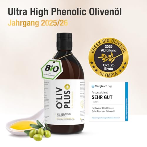 Das Olivenöl mit Gesundheitswert – extra hoher Polyphenol-Gehalt 950 mg/kg – Bio-Qualität – nur 1 Esslöffel/Tag – Oliv PLUS – 500 ml – 50 Portionen