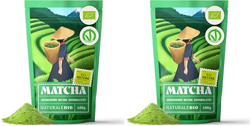 NaturaleBio Matcha Tee Pulver Bio - Premium-Qualität - 100g. Original Green Tea aus Japan. Japanischer ideal zum Trinken. Grüntee für Latte, Smoothies Getränk. Hergestellt in Uji, Kyoto.