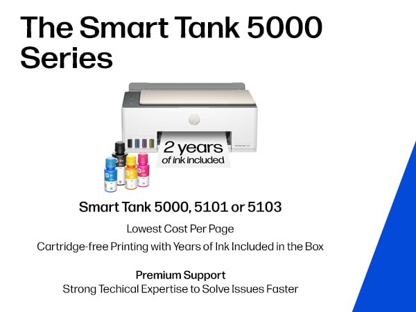 HP Smart Tank 5000 Wireless All-in-One Ink Tank Printer, Scanner, Copier with 2 Years of Ink Included, Best-for-Home, Cartridge-Free, Refillable and AI-Enabled. (5D1B6A)