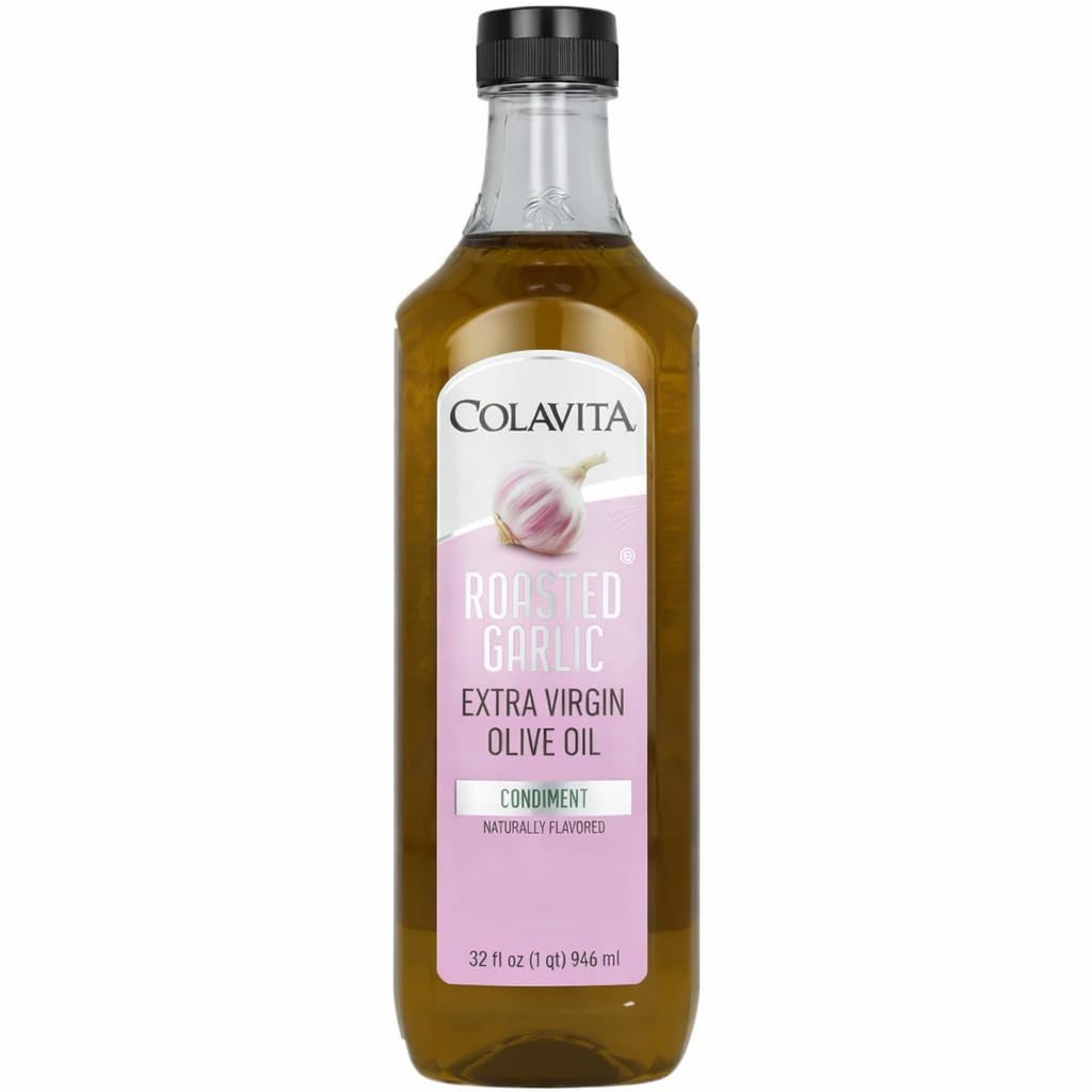 Colavita Roasted Garlic Extra Virgin Olive Oil, 32 Fl Oz - Cold Pressed EVOO Infused with Natural Roasted Garlic Flavor for Cooking, Dressings, Marinades & Dipping