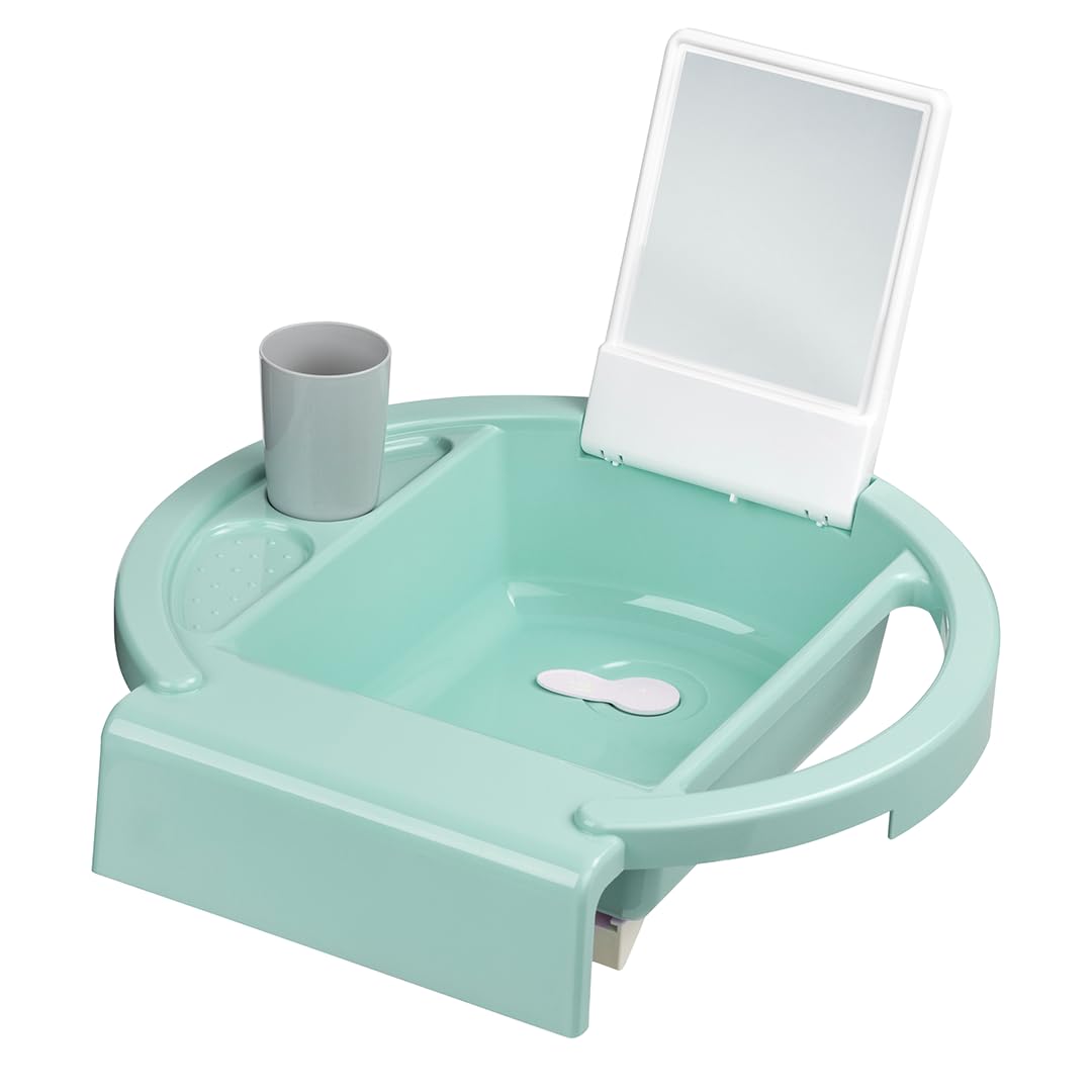 Rotho Babydesign Kiddy Wash - Kinderwaschbecken - Waschbecken - mobiles Kinderwaschbecken für die Badewanne - mit Spiegel- Ideal für Bad & Kinderzimmer grün