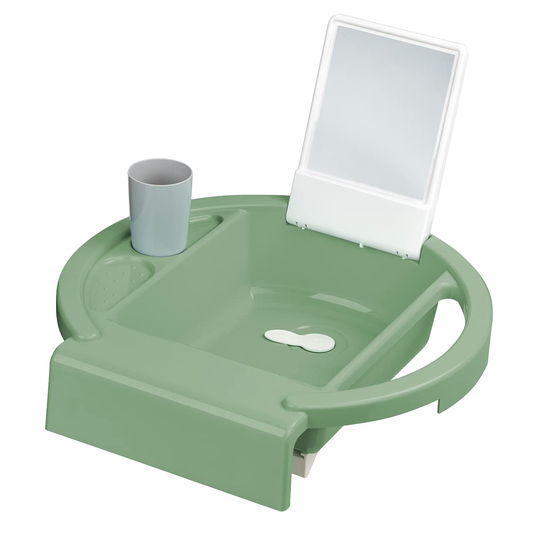 Rotho Babydesign Kiddy Wash - Kinderwaschbecken - Waschbecken - mobiles Kinderwaschbecken für die Badewanne - mit Spiegel- Ideal für Bad & Kinderzimmer grün