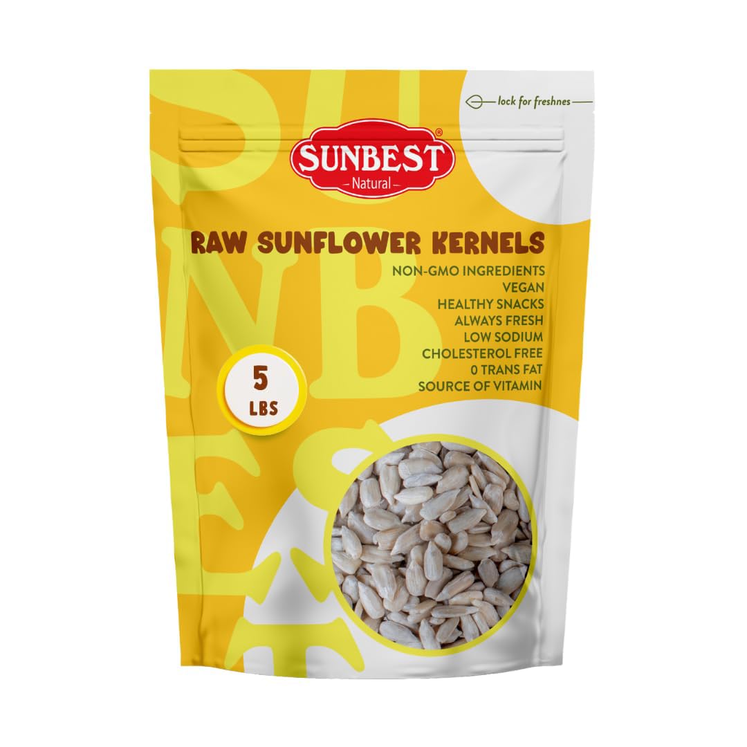 Sunbest Natural Raw Sunflower Seeds, 5 lbs – Unsalted & No Shell – Bulk Sunflower Seed Kernels to Eat – For Snacking, Baking & Topping – Road Trip, After School Snack for Kids & Adults – Kosher (80 oz)