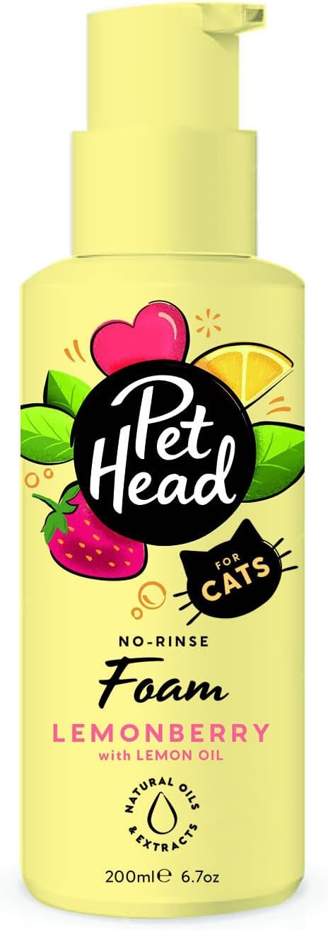Pet Head Felin' Good Schaumshampoo ohne Ausspülen für Katzen | Zitronenbeeren-Duft | Pflegt & Beruhigt das Fell Ihres Katzens | Schnell & Einfach zu Bedienen | Sanfte Formel für Kätzchen | 200ml