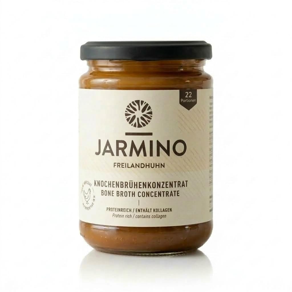 JARMINO Bio Rinderknochenbrühe Konzentrat, Grasgefütterte Brühe für Menschen, Flüssige Knochenbrühe mit Kollagenprotein, Keto, Paleo & AIP geeignet, Rinderbrühe, 440 g, 44 Portionen