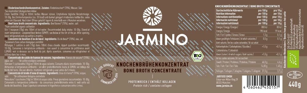 JARMINO Bio Rinderknochenbrühe Konzentrat, Grasgefütterte Brühe für Menschen, Flüssige Knochenbrühe mit Kollagenprotein, Keto, Paleo & AIP geeignet, Rinderbrühe, 440 g, 44 Portionen