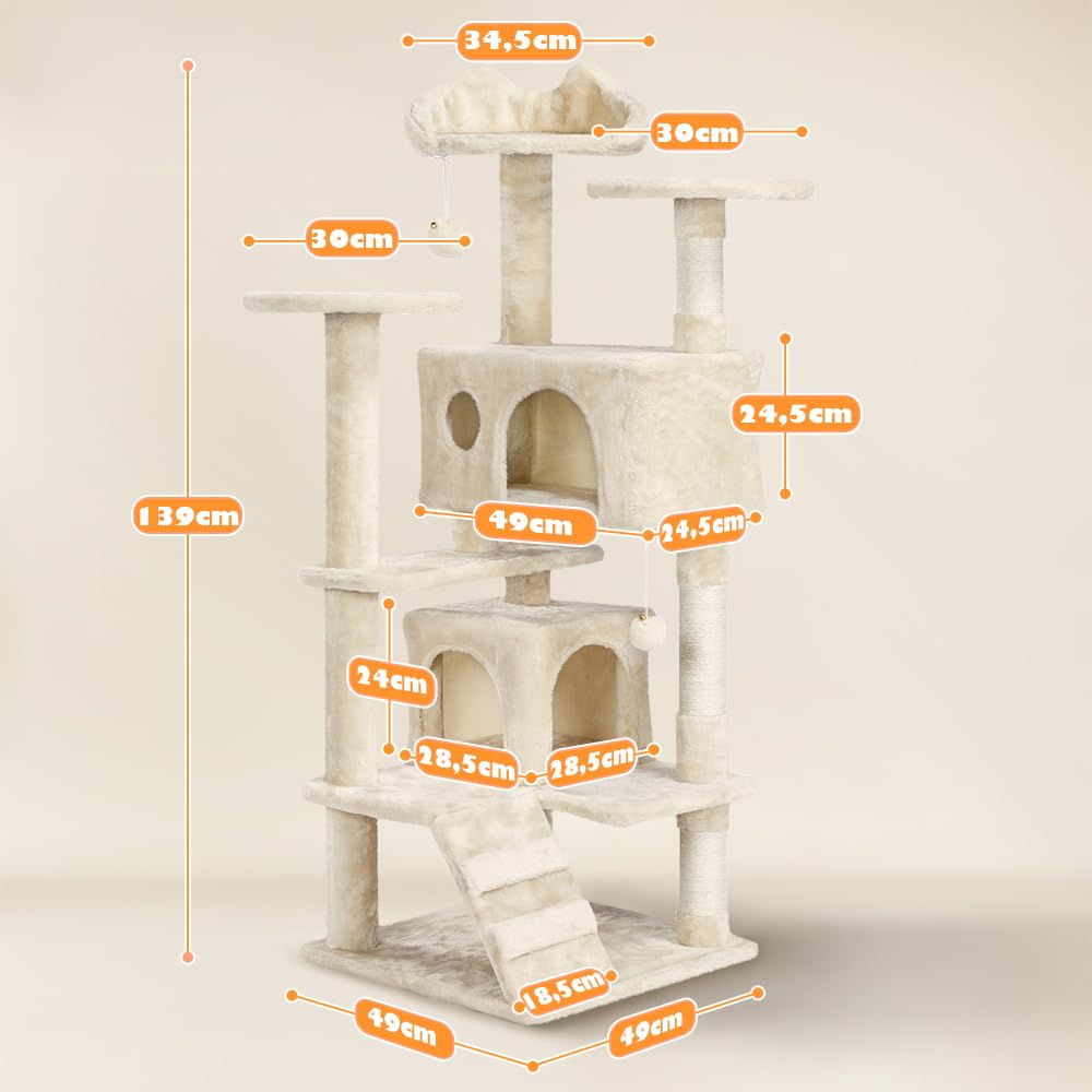 Yaheetech Kratzbaum Groß, 139 cm hoch, Mehrstöckiger Katzenbaum Kletterturm mit 3 Kratzsäulen, 3 Plattformen, 2 Gemütlichen Höhlen, 2 Plüschbällen, Stabiler Aktivitätsbereich für Katzen, Dunkelgrau