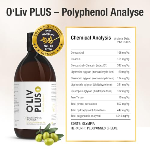 Das Olivenöl mit Gesundheitswert – extra hoher Polyphenol-Gehalt 950 mg/kg – Bio-Qualität – nur 1 Esslöffel/Tag – Oliv PLUS – 500 ml – 50 Portionen