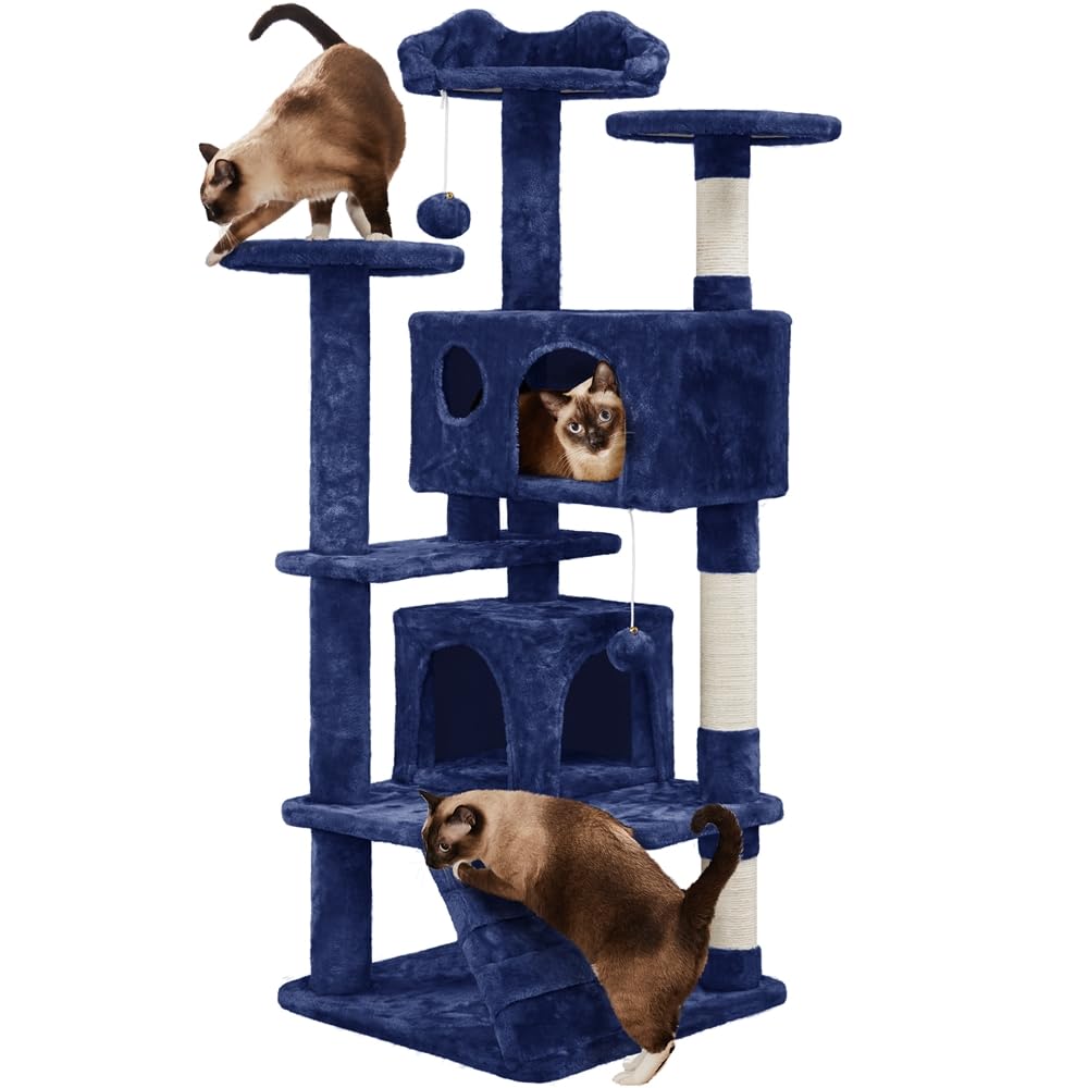 Yaheetech Kratzbaum Groß, 139 cm hoch, Mehrstöckiger Katzenbaum Kletterturm mit 3 Kratzsäulen, 3 Plattformen, 2 Gemütlichen Höhlen, 2 Plüschbällen, Stabiler Aktivitätsbereich für Katzen, Dunkelgrau