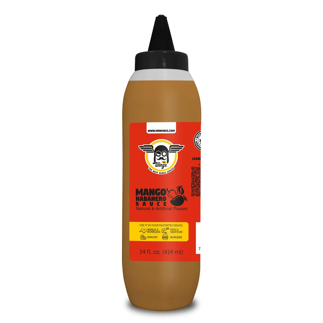 Mr. Wings Sweet Mango Mild Sauce 1 Gallon (128 Fl Oz). Sweet and spicy delight, perfect for boneless chicken, fries, drinks, and your favorite snacks. Large bulk sauce.
