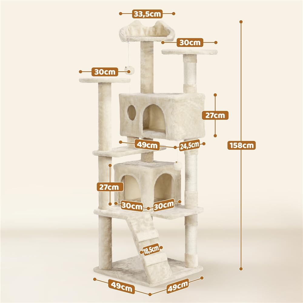 Yaheetech Kratzbaum Groß, 139 cm hoch, Mehrstöckiger Katzenbaum Kletterturm mit 3 Kratzsäulen, 3 Plattformen, 2 Gemütlichen Höhlen, 2 Plüschbällen, Stabiler Aktivitätsbereich für Katzen, Dunkelgrau
