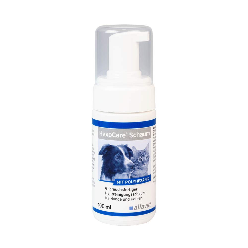 Alfavet HexoCare Schaum, Hautreinigungs-Schaum für Hunde und Katzen, Gebrauchsfertig mit Polyhexanid, 100 ml Pumpflasche