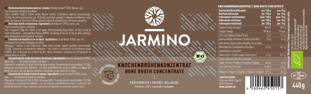 JARMINO Bio Rinderknochenbrühe Konzentrat, Grasgefütterte Brühe für Menschen, Flüssige Knochenbrühe mit Kollagenprotein, Keto, Paleo & AIP geeignet, Rinderbrühe, 440 g, 44 Portionen