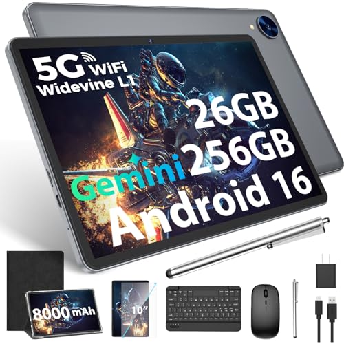 2026 Gemini AI Android 16 Tablet, 10 inch Tablet with Keyboard, 26GB+256GB (2TB Expand), 2-in-1 Tablets with 8-Core, 5G WiFi, 8000mAh, GMS, GPS, Electronic Tablets PC with Mouse, Case, Stylus (Black)