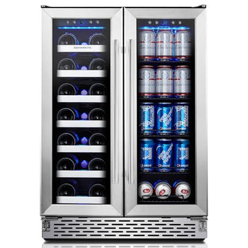 Phiestina Beverage Fridge, 24 Inch Wine and Beverage Refrigerator, Under Counter Wine Cooler- 20 Bottles & 76 Cans, Built-in/Freestanding Dual Zone with Glass Door