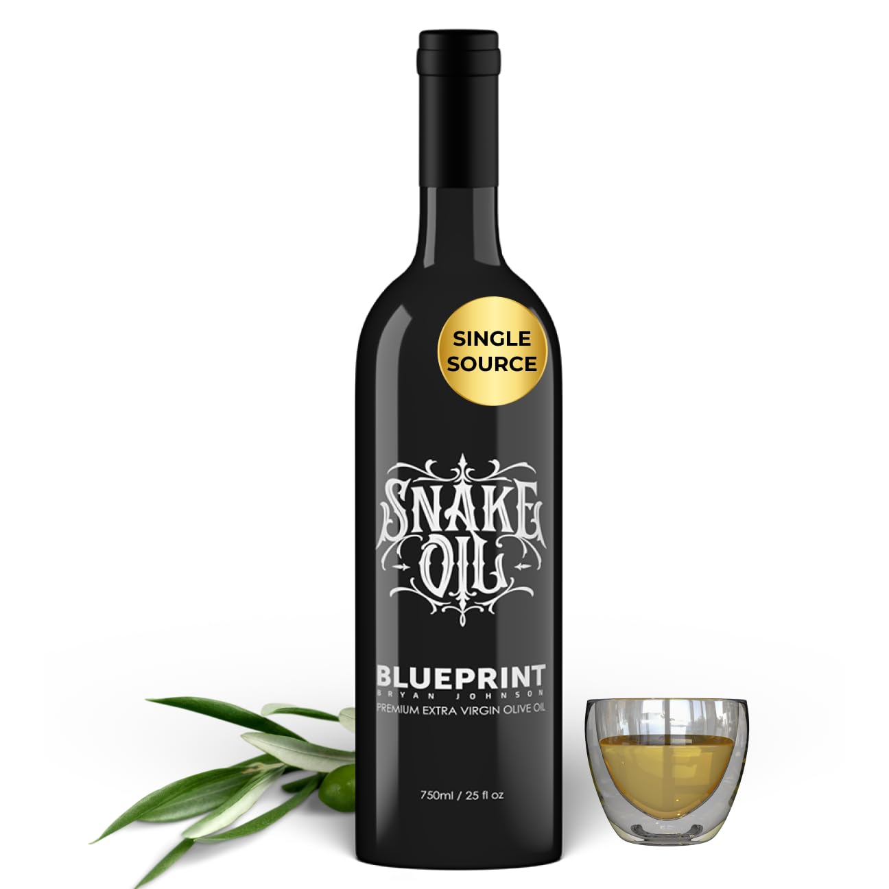 Blueprint Bryan Johnson Olive Oil – Snake Oil- High Polyphenol Extra Virgin Olive Oil (400+ mg/kg) – Cold Pressed, Early Harvest, First Cold Press EVOO – Keto, Paleo, Non-GMO – 750ml Glass Bottle
