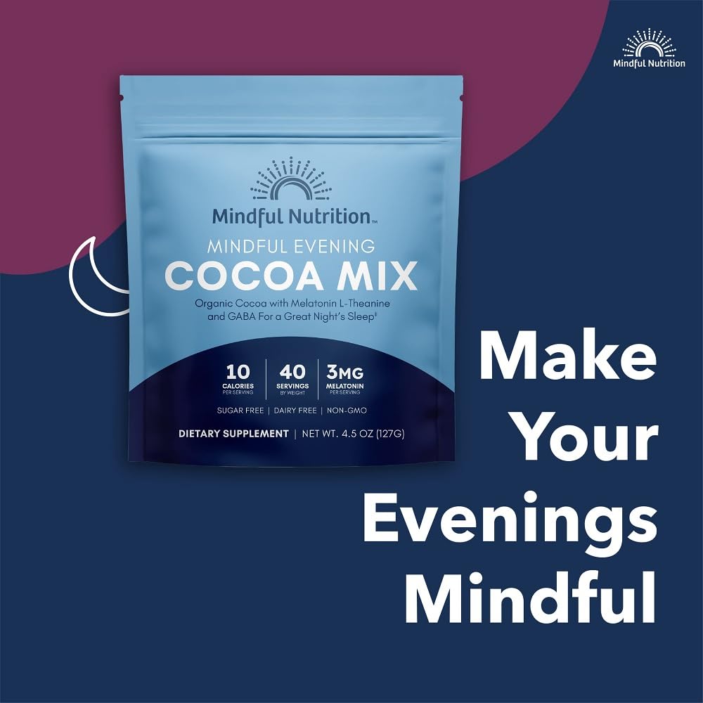 Mindful Evening Sugar-Free Cocoa Mix Natural Sleep Aid, 40 Servings, Melatonin 3mg, L-Theanine, GABA Supplements, Natural Calm Sleep Support Stress Relief Calm Sleepy Cocoa Nighttime Hot Chocolate
