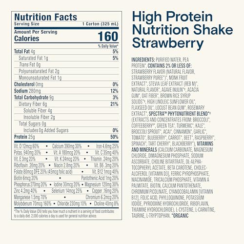 KATE FARMS Organic High Protein Chocolate Nutrition Shake, 25g Protein, 6g Fiber, 27 Vitamins and Minerals, 0g Sugar, Protein Drink, 11 oz (12 Pack)