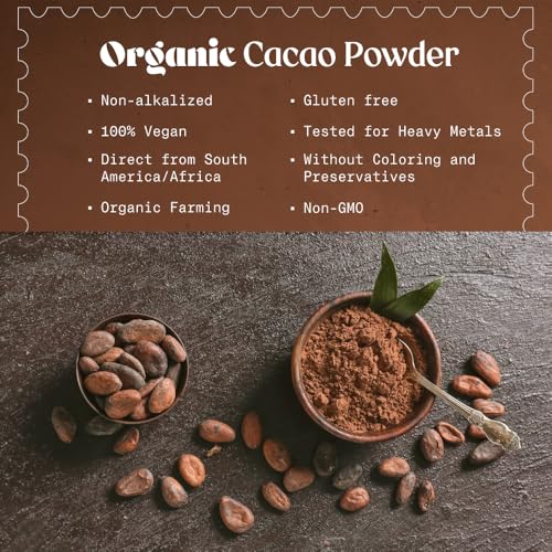 NaturaleBio Kakao Pulver Bio 1kg. Organic Cacao Pulver, Roh & Ungesüßt, Ideal für Getränke, Smoothies & Backen, Reich an Magnesium & Phosphor, Geprüft auf Schwermetalle