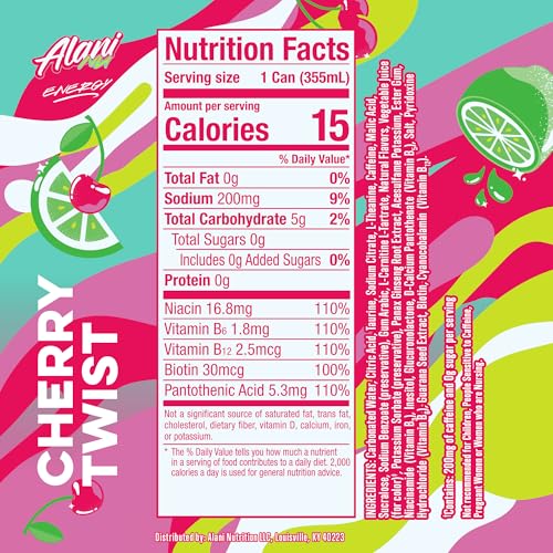 Alani Nu CHERRY TWIST Sugar Free, Low Calorie Energy Drinks, 200mg Caffeine, Biotin B Vitamins, Zero Sugar, 15 Calories, 12 Fl Oz Cans, 12 Pack0