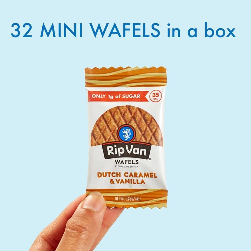 Rip Van Wafels Dutch Caramel Mini Stroopwafels, Low Carb Snacks, Non GMO Snack, Keto Friendly, Office Snacks, Low Calorie Snack, Low Sugar, 32 Pack
