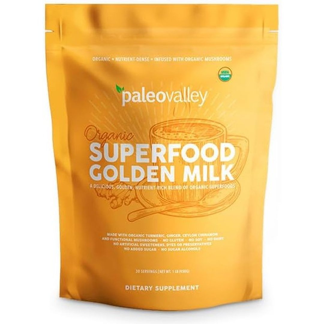 Paleovalley Organic Superfood Golden Milk - Immune, Focus, Cognitive, Longevity - Turmeric, MCT-Rich Coconut Milk, Functional Mushrooms, 30 Servings