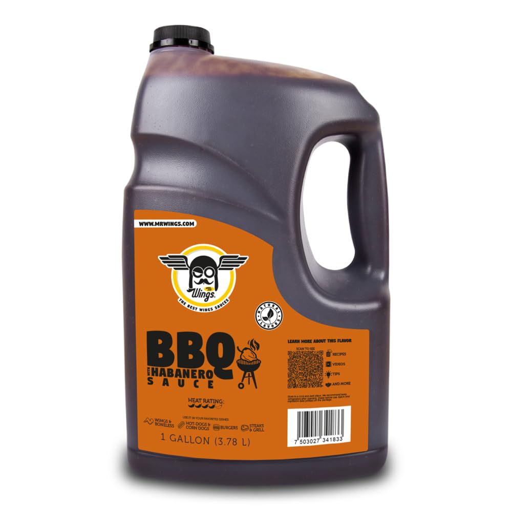 Mr. Wings Sweet Mango Mild Sauce 1 Gallon (128 Fl Oz). Sweet and spicy delight, perfect for boneless chicken, fries, drinks, and your favorite snacks. Large bulk sauce.