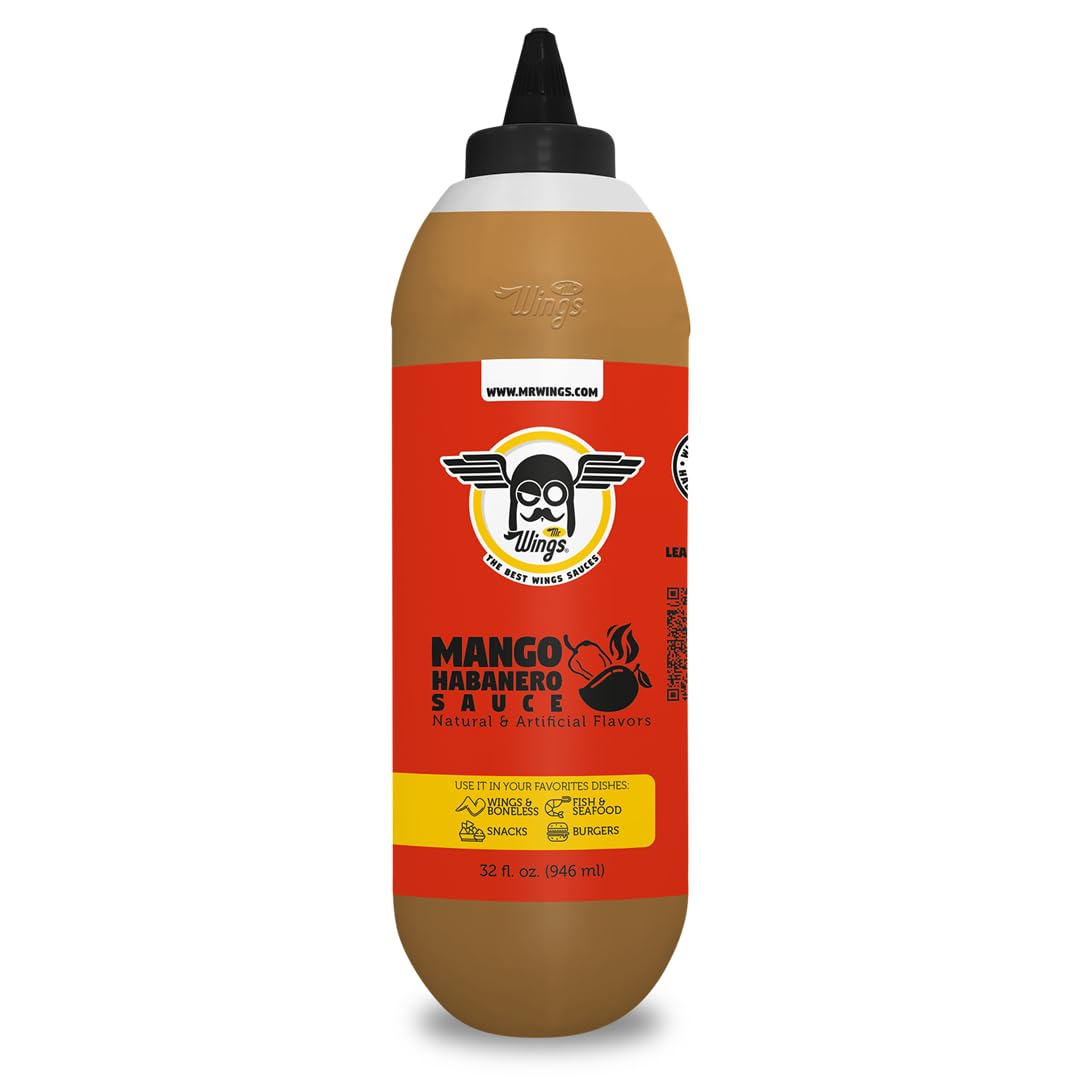 Mr. Wings Sweet Mango Mild Sauce 1 Gallon (128 Fl Oz). Sweet and spicy delight, perfect for boneless chicken, fries, drinks, and your favorite snacks. Large bulk sauce.