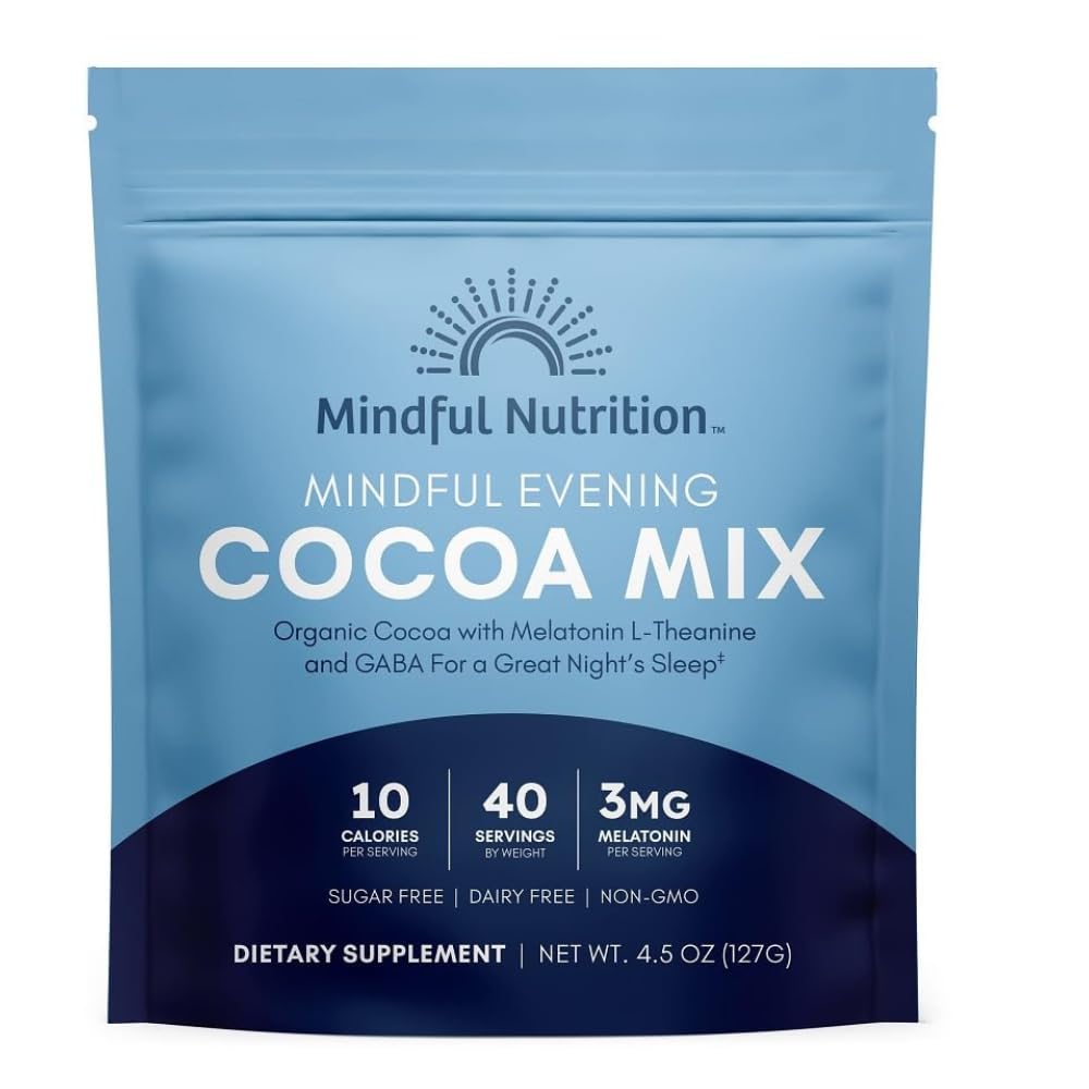 Mindful Evening Sugar-Free Cocoa Mix Natural Sleep Aid, 40 Servings, Melatonin 3mg, L-Theanine, GABA Supplements, Natural Calm Sleep Support Stress Relief Calm Sleepy Cocoa Nighttime Hot Chocolate